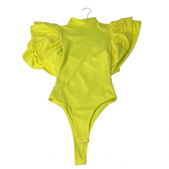 NWT FASHION NOVA Ruffle Galore Bodysuit Neon Yellow S - Picture 6 of 6